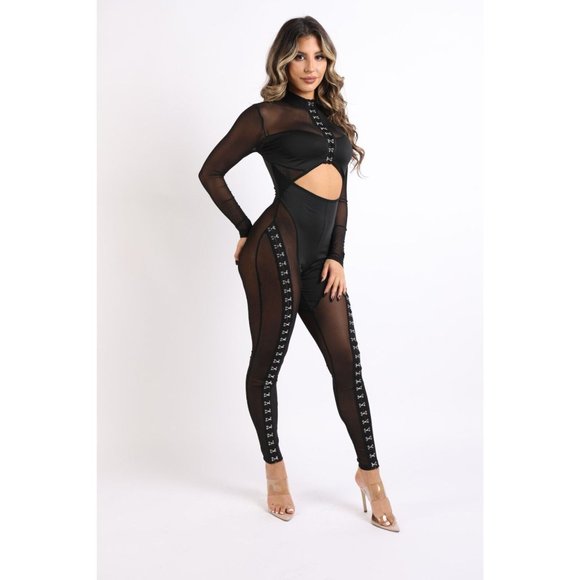 Women's Collared Long Sleeve Bodycon Front Hook & eye Jumpsuit Sexy Party Club - Picture 2 of 8